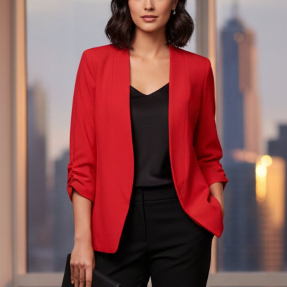 🌟T Tahari Red Open Front Blazer Ruched Sleeve Lightweight Professional Workwear